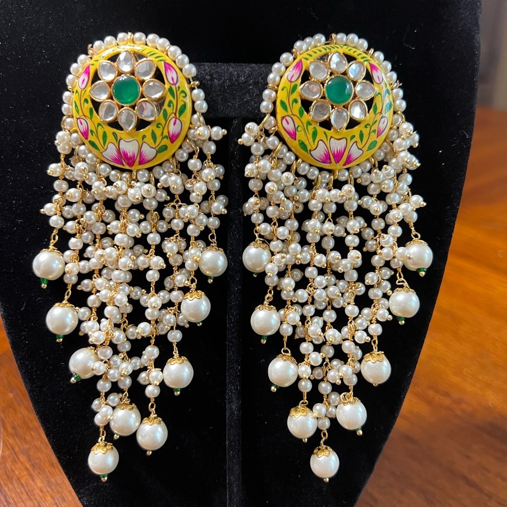 🆕 Kundan Stones and Meenakari Traditional with pearl drops Statement Studs